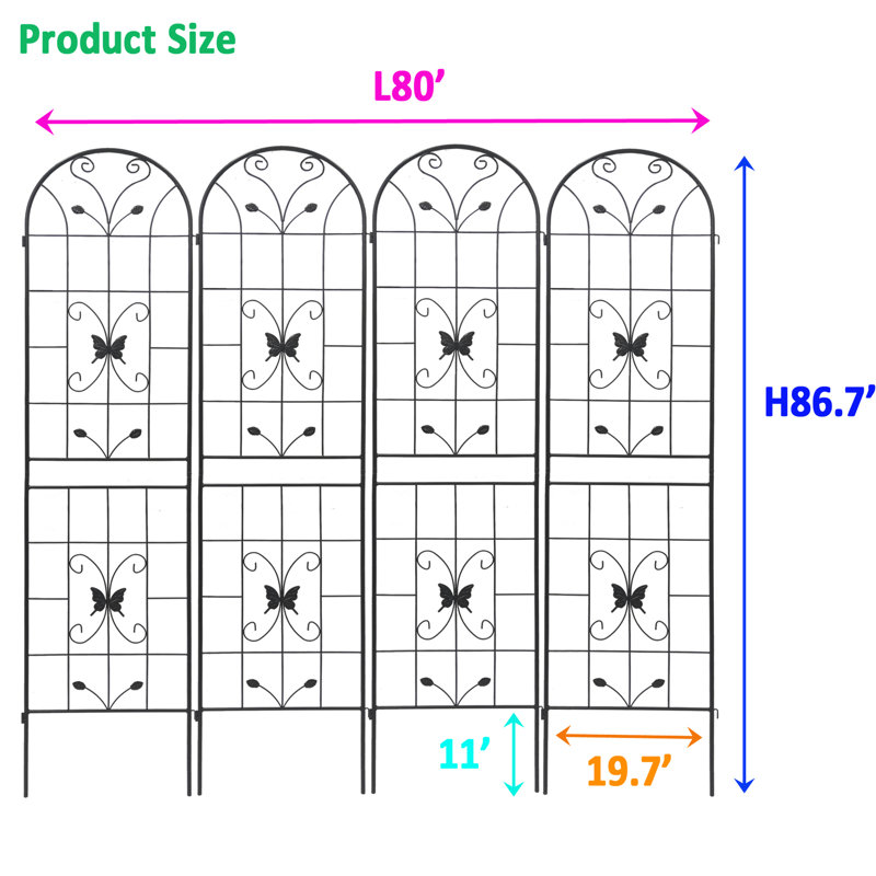 Ensemble de 4 treillis d'extérieur 86,7 po x 19,7 po, antirouille pour plante grimpante de jardin, tuyau rond galvanisé noir, support à double fleur rouille, plante grimpante