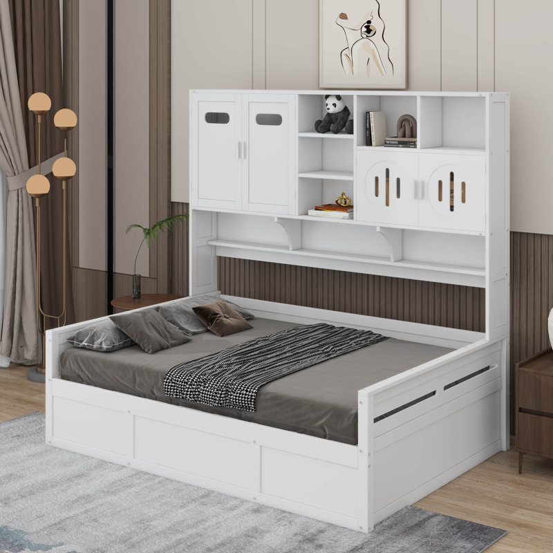 Lit de jour en bois avec hydraulique, armoire et tablette, Double, Blanc