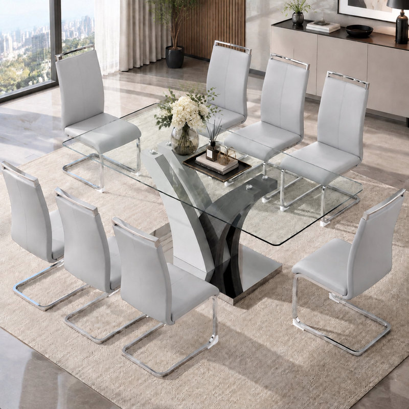 Ensemble de salle à manger 9 pièces rectangulaire moderne en verre trempé 71 po avec chaises en porte-à-faux en similicuir 9 pièces