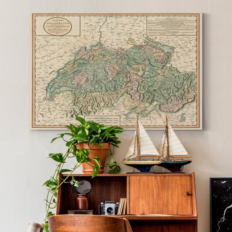 Carte rétro de la Suisse - reproduction sur toile tendue, H 48 po x l 32 po x P 1 po