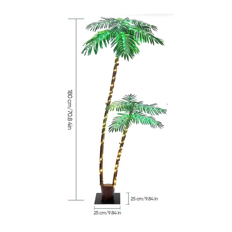 Palmier artificiel 1,8 m à deux têtes, décoration tropicale à DEL enfichable avec guirlandes de lumières blanc chaud, lampe sur pied pour l'extérieur, patio, piscine, fête, décoration intérieure