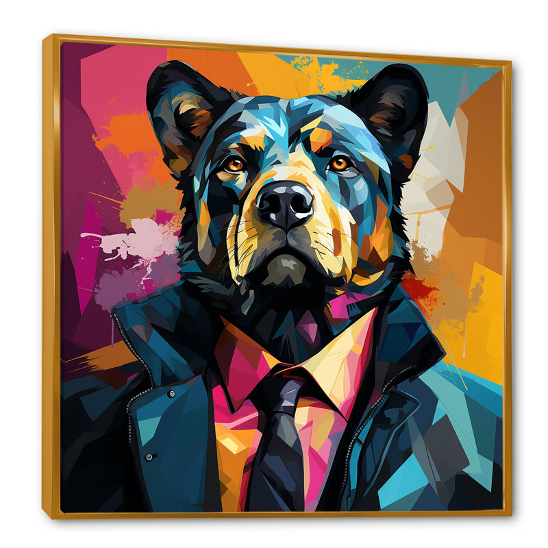 Portrait d'un ours en costume, Cadre flottant doré, H 36 po x l 36 po x P 1,5 po