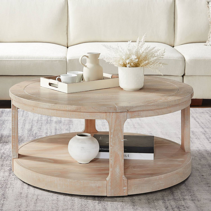 40" Circle Coffee Table for Living Room 2-Tier Solid Wood Desktop Center Table , Oak