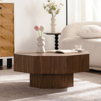 Table basse moderne de 30,79 pouces avec base de plancher et piédestal - couleur noyer, cadre pour bureau de salon, avec esthétique épinette minimaliste