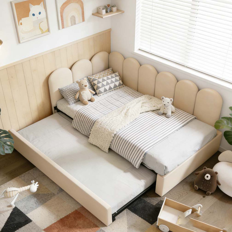 Upholstered Bed Daybed With Pull-Out Bed, Beige