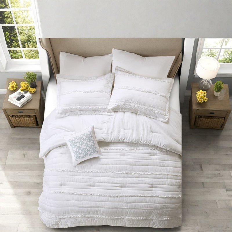 Piece White Queen Bedding Sets, Polyester Ruffled Shabby Chic Comforter