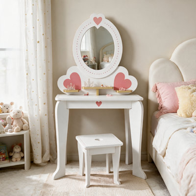 Ensemble de coiffeuse pour enfants avec miroir et chaise, coiffeuse convertible 2-en-1 avec rangement, jouet de maquillage pour tout-petit avec 8 accessoires de jeu pour faire semblant, cadeau pour les filles de 3 ans (blanc)