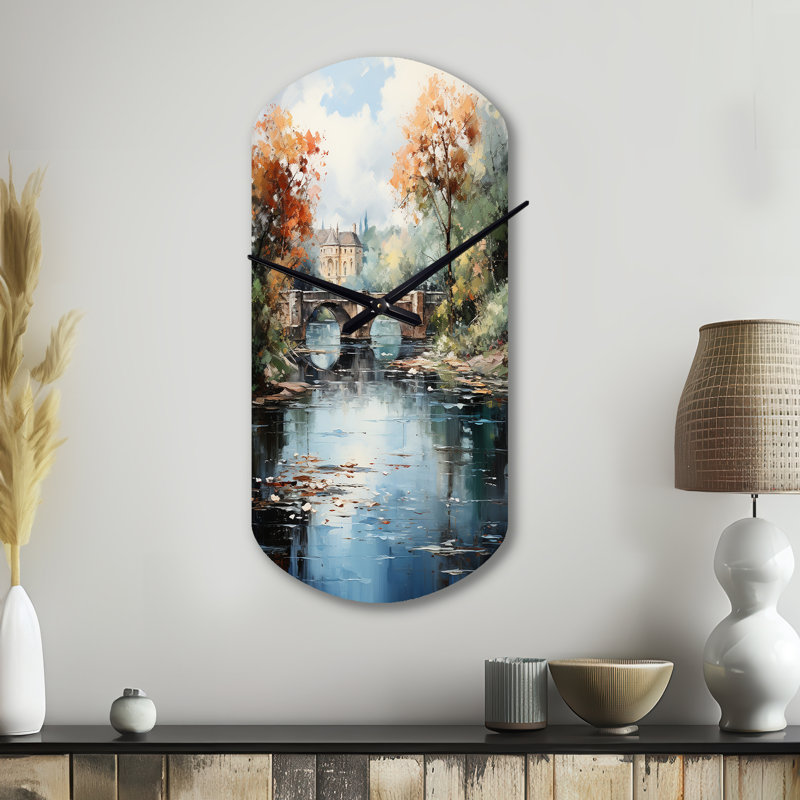 Horloge murale cylindrique en métal Beige Bridge Impressionist Waterscape An, Grand
