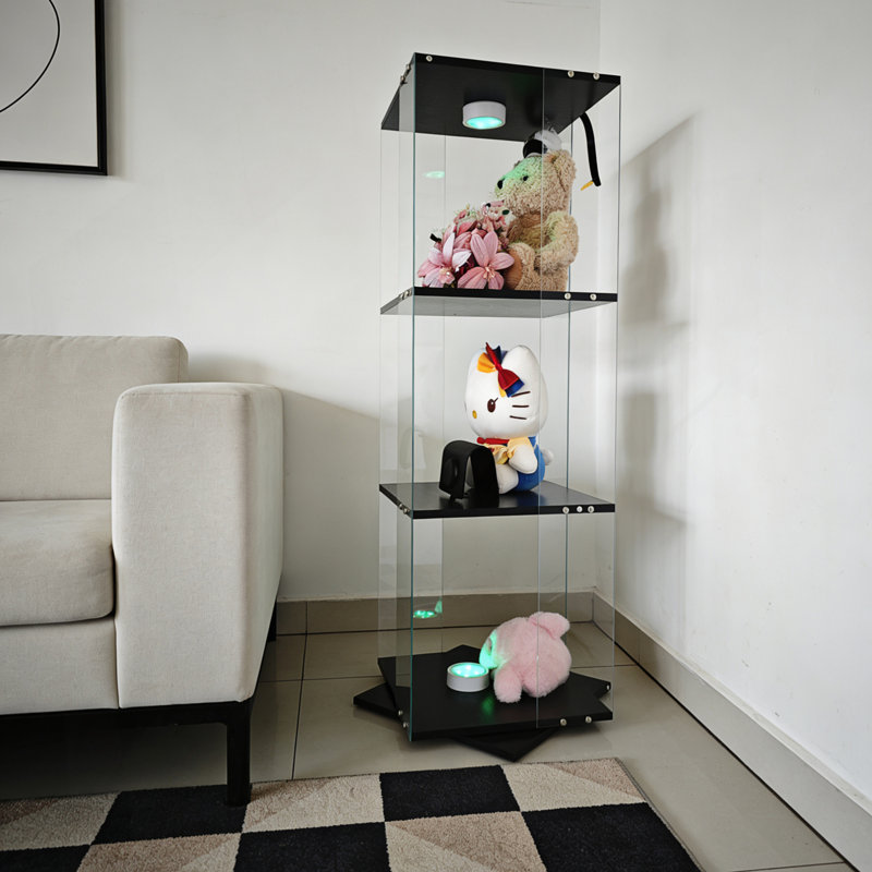 Vitrine rotative à trois couches et armoire de rangement avec éclairage DEL à télécommande, Noir