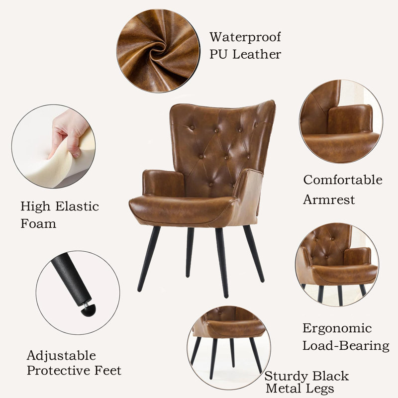25.5'' Wide  Faux Leather Wingback Chair Mid-century Modern Tufted Armchair with Metal Leg