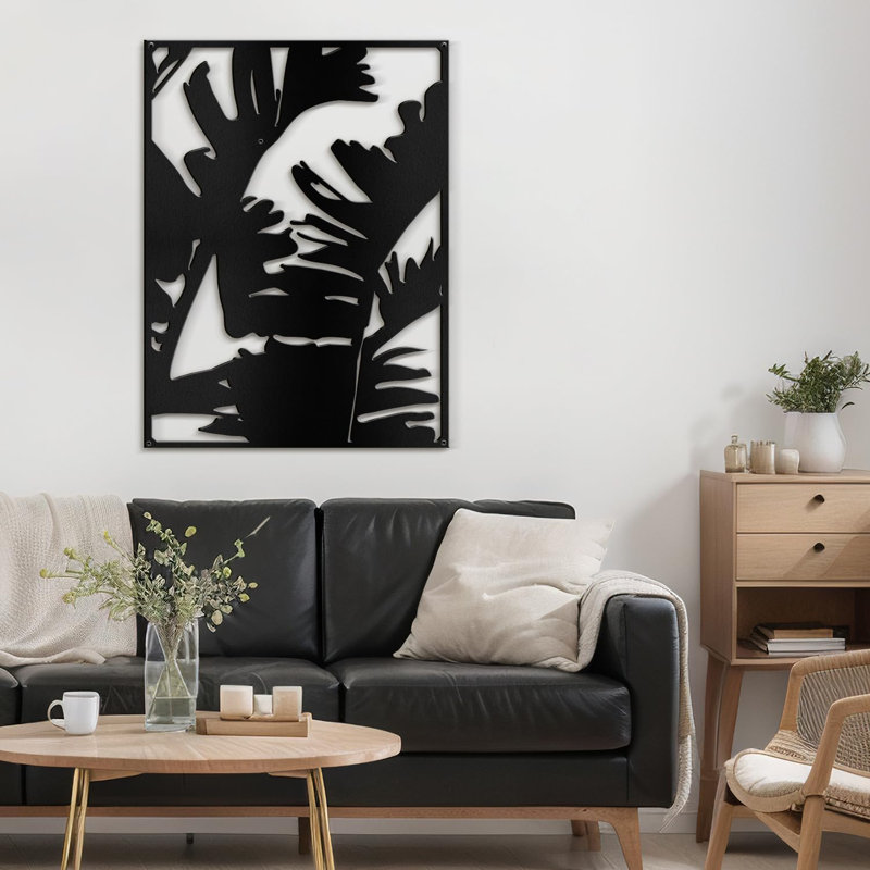 Décoration murale décorative murale en métal feuille de bananier tropical, H 18 po x l 13,43 po x P 0,05 po, Noir