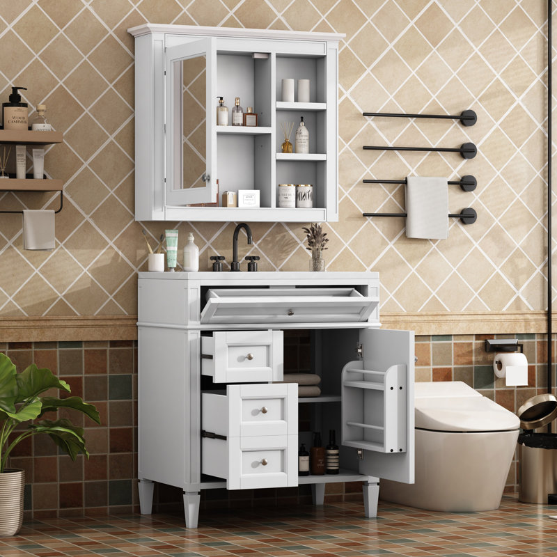 Ensemble de meuble-lavabo autoportant 30 po avec lavabo supérieur, meuble-lavabo moderne avec 2 tiroirs et un tiroir basculant, meuble-lavabo autoportant avec miroir et meuble-lavabo simple