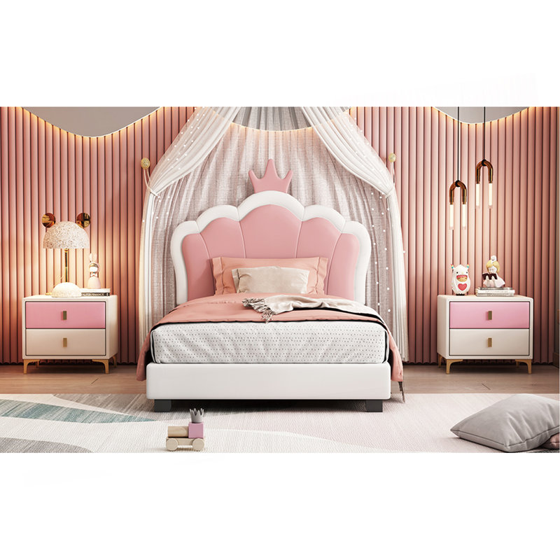 Lit simple tapissier princesse avec tête de lit couronne, lit plateforme simple avec tête de lit et pied de lit, crème et rose