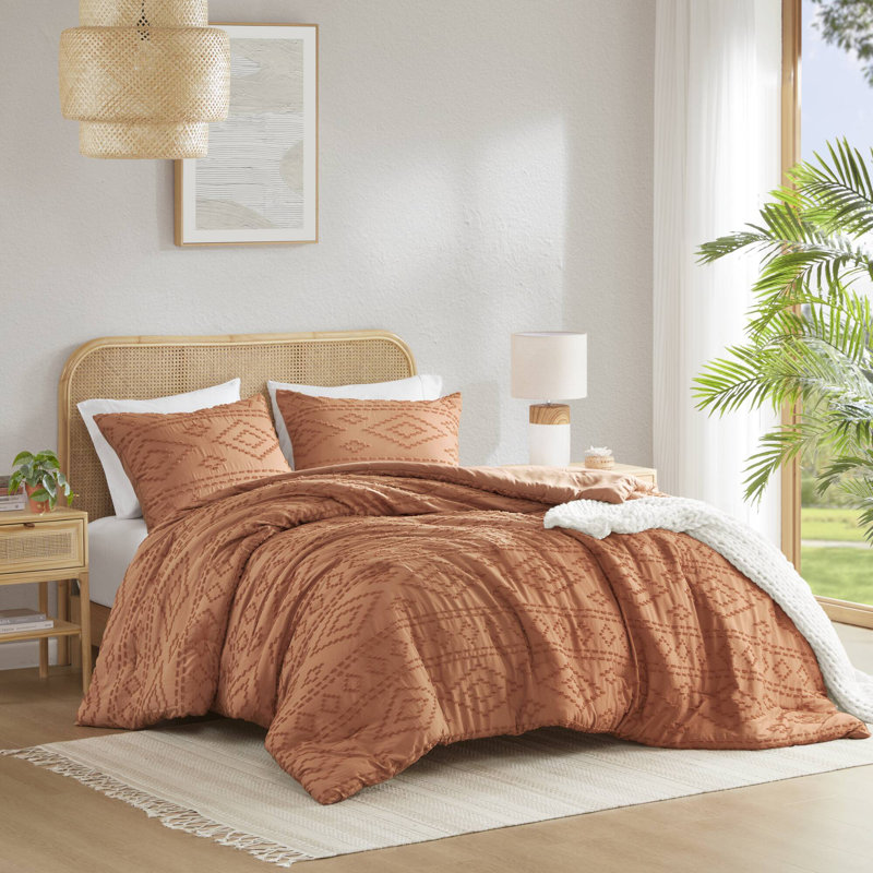 Gigi Clipped Jacquard Tufted Comforter Set, Terracotta, King Comforter + 2 Standard Shams