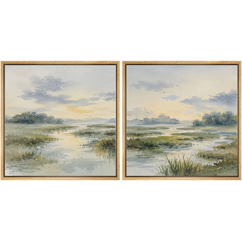 «Golden Marsh Lake Landscape with Soft Sky Nature Decor», ensemble de 2 reproductions d'art sur toile encadrées