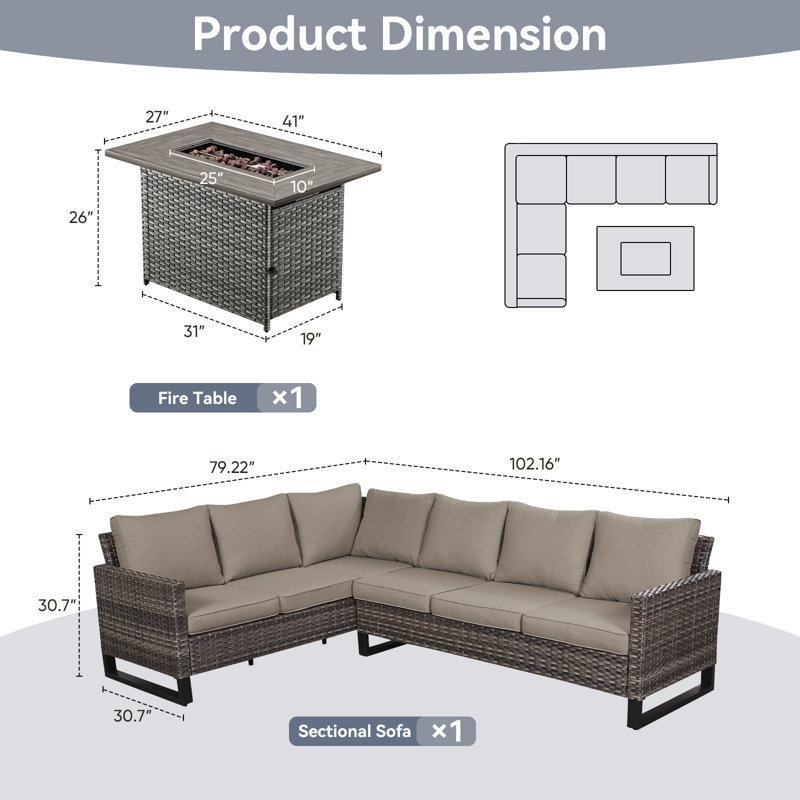 Ensemble de conversation modulaire en osier pour 6 personnes avec table de foyer et coussins Ingvald, Gris, Gris
