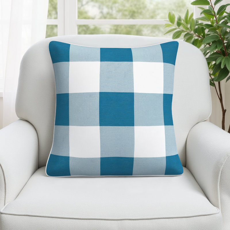 Briarwood Gingham Square Cotton Pillow Cover, Aqua/White