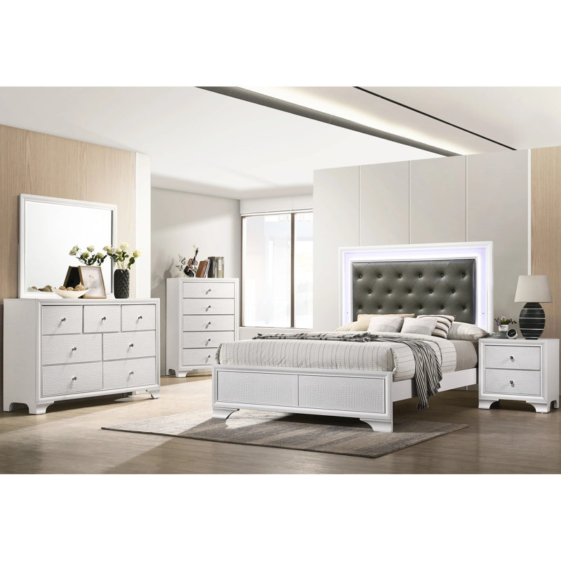 Modern White Queen Size Led Bed With Crocodile Texture Headboard And Easy Maintenance Glamorous Embossing On Upholstered Stable Frame