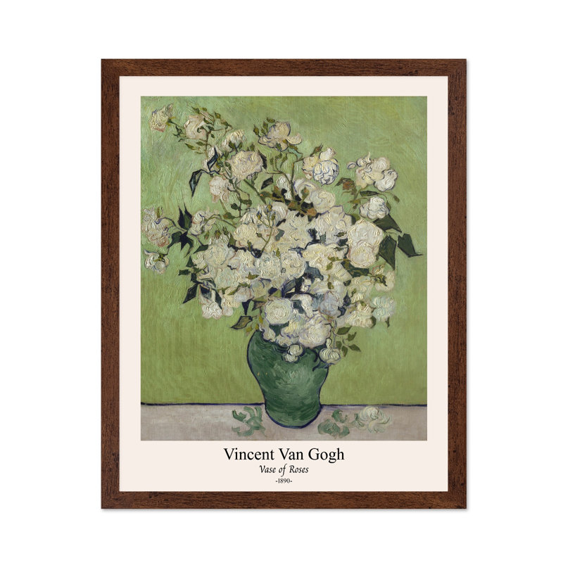 Van Gogh - Vase de roses, H 12 po x l 16 po, Affiche, Encadrement brun