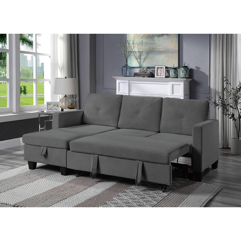 82.5" Velvet Reversible Sleeper Sectional Sofa With Storage Chaise, Dark Gray