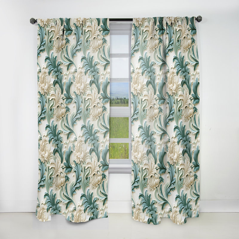 Enchanted Floristry Green Damask Panorama I - Bohemian Curtain - Velvet Room Darkening - 1 Panel, 52" W x 90" L