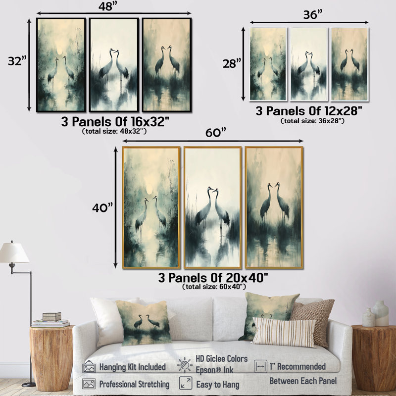 Cranes in the Misty Marsh I - Collection moderne de reproductions sur toile, H 40 po x l 60 po, Impression encadrée flottante