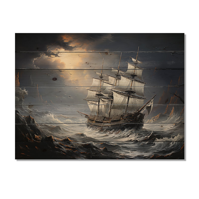 Pirate Ship At Stormy Seas I - Pirate Wood Art On Natural Pine Wood, 10" H x 20" W