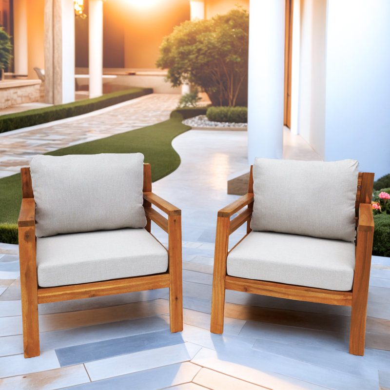Acacia Wood Patio Chair With Cushions (Set Of 2)