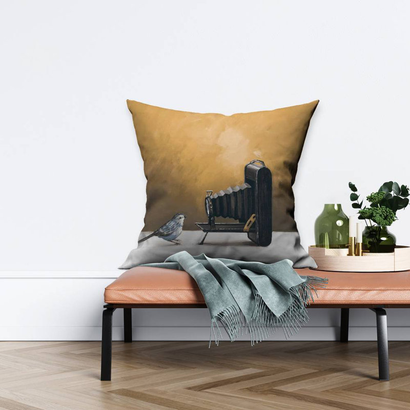 Old camera with bird - 26"x26" Throw pillow - Poly twill - Print on demand