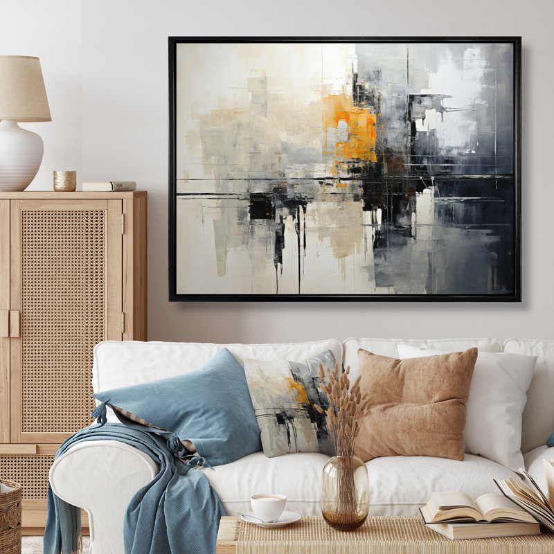 Gabreil Grey Collage Reflections I - Abstract Collages, art mural sur toile, H 24 po x l 32 po x P 1 po, Cadre flottant noir