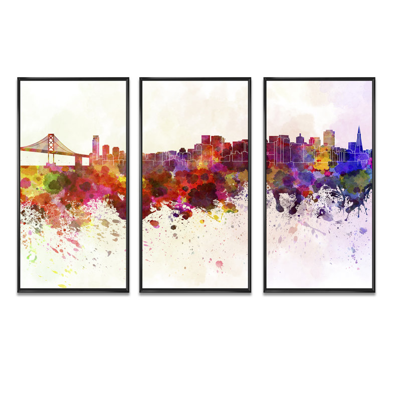 San Francisco Skyline - 3 pièces, cadre flottant, impression sur toile, Cadre noir, L 36 po x H 28 po