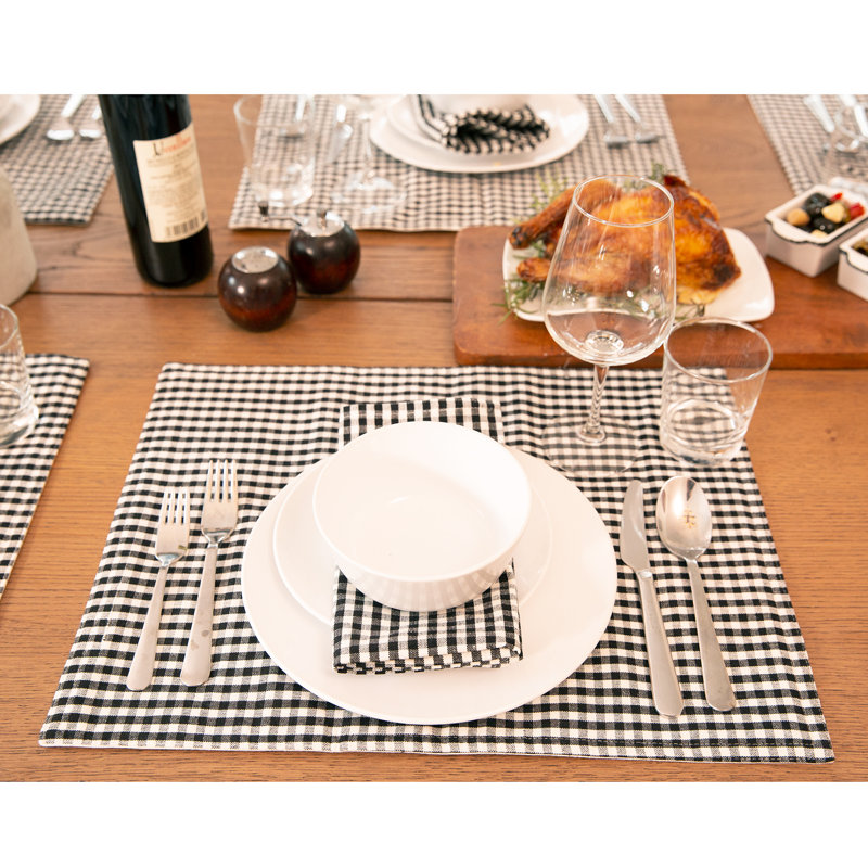 Black and Off-White Gingham Check Cotton Blend Placemats Set of 4
