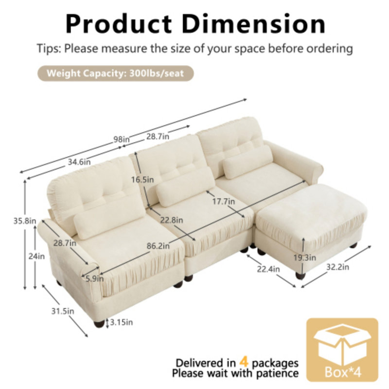 Canapé d'angle en chenille beige de 250 cm, pouf, coussin à volants et accoudoirs arrondis, Chenille beige