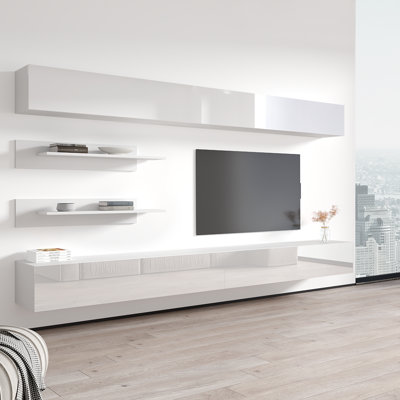 Narvaez 126" Modern Floating Wall Mounted Entertainment Center with 16-Color LED Lighting, High Gloss Finish