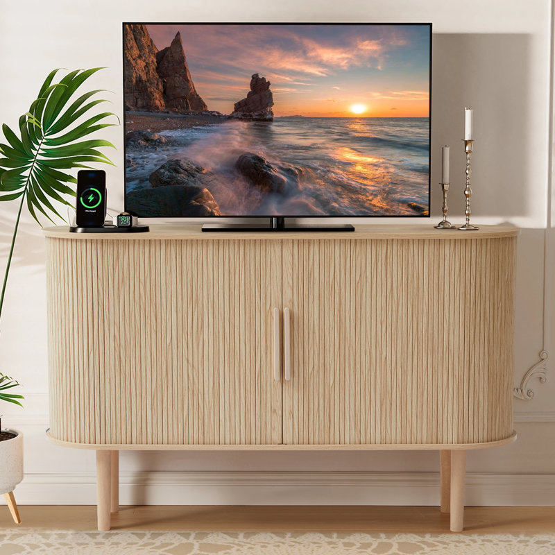Sideboard Buffer Cabinet with Fluted Slide Doors, Natural