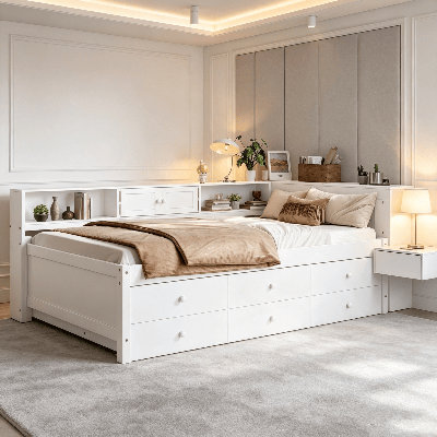 Lit de jour en bois, lit de jour avec couchette et tiroirs de rangement, cadre de lit de jour en bois avec tablettes latérales et bureau, mobilier de lit de jour convertible, cadre de lit de jour en bois massif multifonctionnel pour chambre à coucher