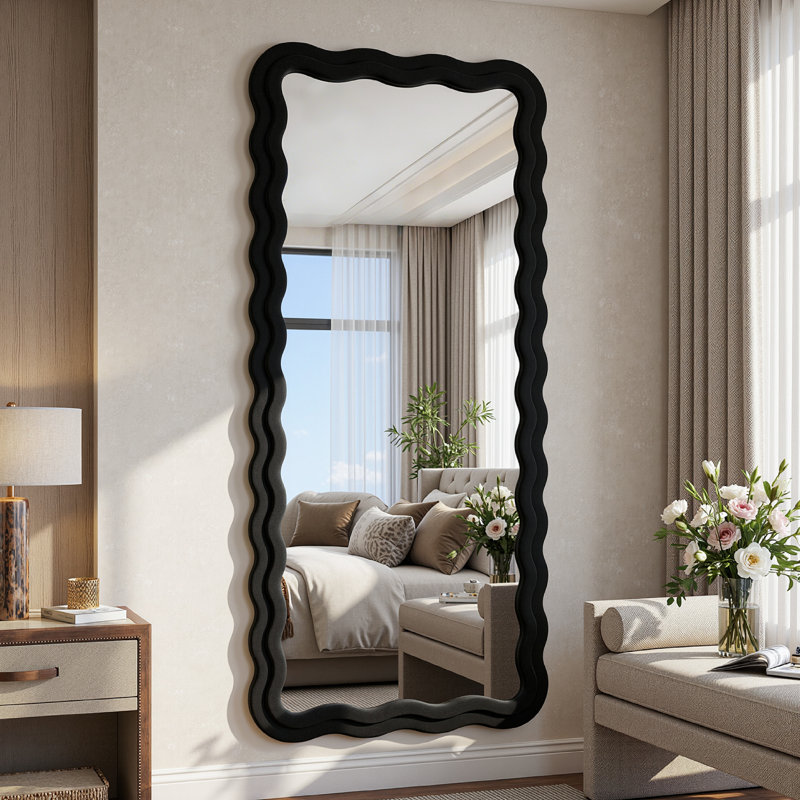 Irregular Wavy Full Length Mirror with Flannel Wrapped Frame, 76" x 34", Black