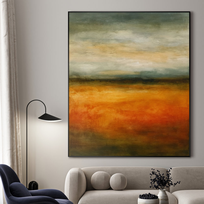 Très grand art mural imprimé sur toile - Gris et orange, paysage abstrait Moody Horizon, œuvre d'art contemporaine pour le salon ou la chambre à coucher - «Assemblage requis du cadre (cadre non fini)»