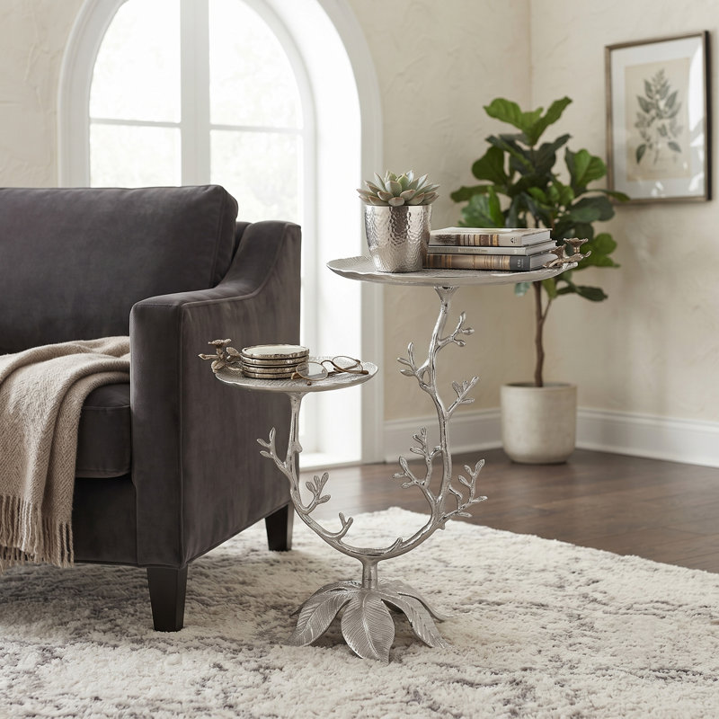 Table décorative à deux niveaux 26 x 16 x 30 po avec motif floral argent et or