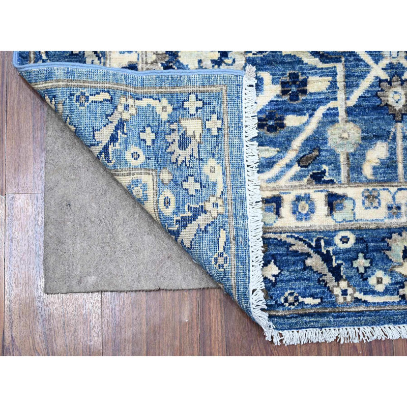 Tapis oriental bleu en laine noué à la main 4 pi 1 po x 9 pi 6 po Ceruleau