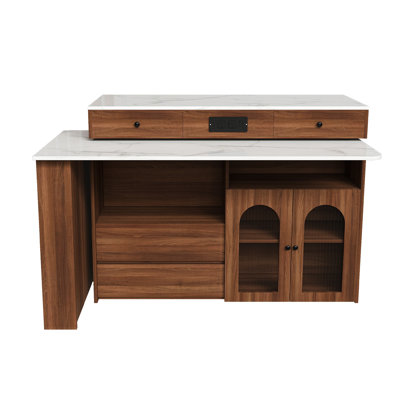 Kitchen Island with Extendable & Rotating Table, MDF with Walnut Veneer Retro Design, 4 Drawers & Glass Door Cabinets with Built-in Socket, Expandable