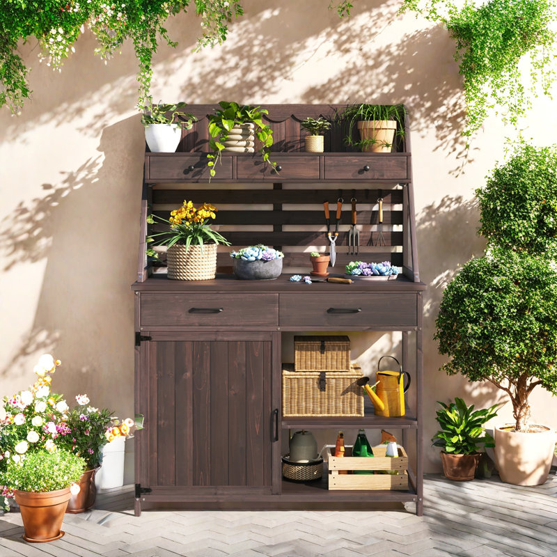 Banc de jardinage en bois de sapin brun - poste de travail de jardin à 5 tiroirs avec panneau arrière à lattes et armoire de rangement