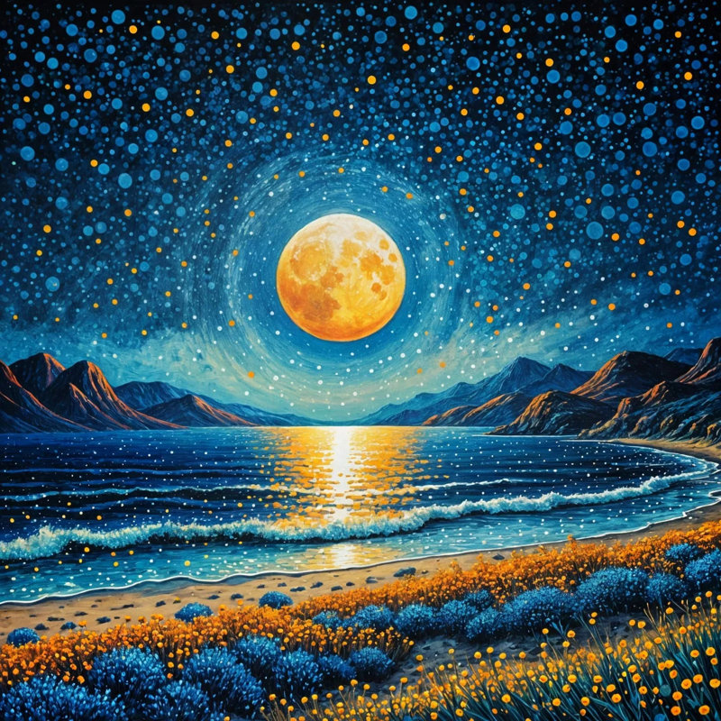 Littoral céleste - lune dorée au-dessus de l'océan, H 20 po x l 20 po