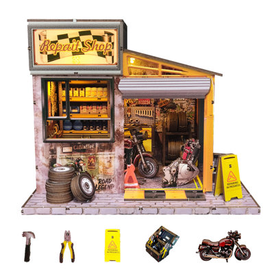 Wooden DIY Book Nook Garage Kit with LED Lighting, Vintage Motorcycle Repair Miniature Dollhouse Bookend, Adult Hand Assembly Hobby Craft Model for Bookshelf Decor & Gift