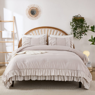 Beige Cotton Comforter King Size,Boho Ruffle Bedding Set,2 Layers Ruffles Fluffy Vintage Comforter Home Decor,Farmhouse 3 Pcs Soft and Breathable Lightweight Quilt Set