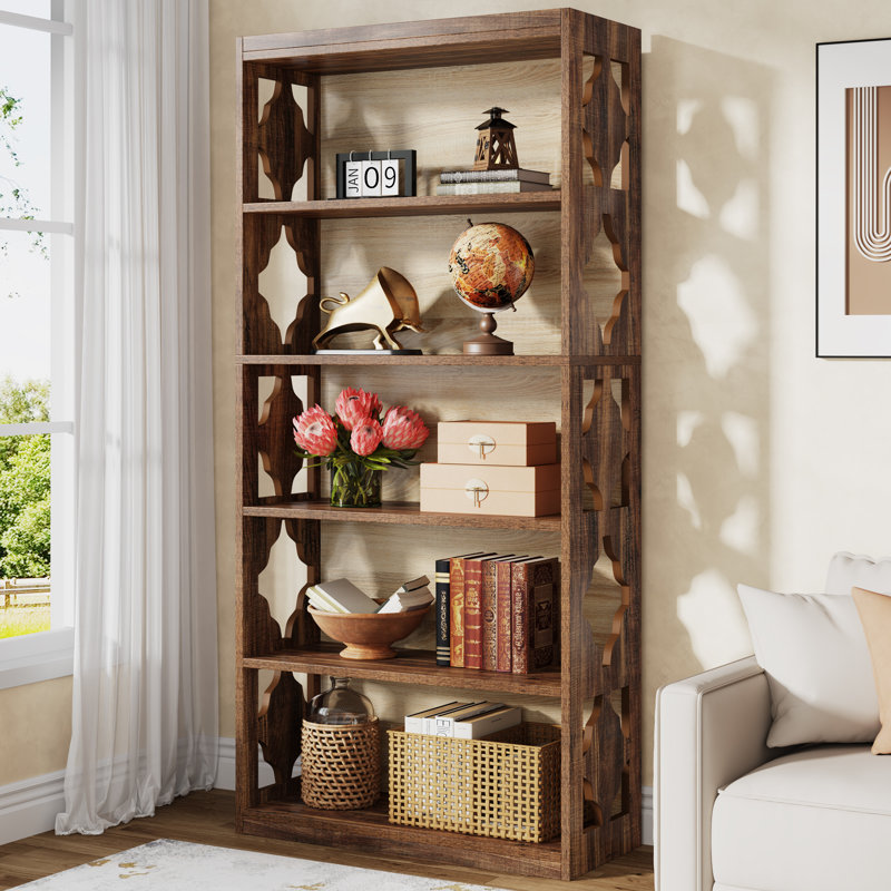 6-tier Etagere Bookcase, 70 Inch Tall Freestanding Bookshelf With Hollow Patterns, Brown