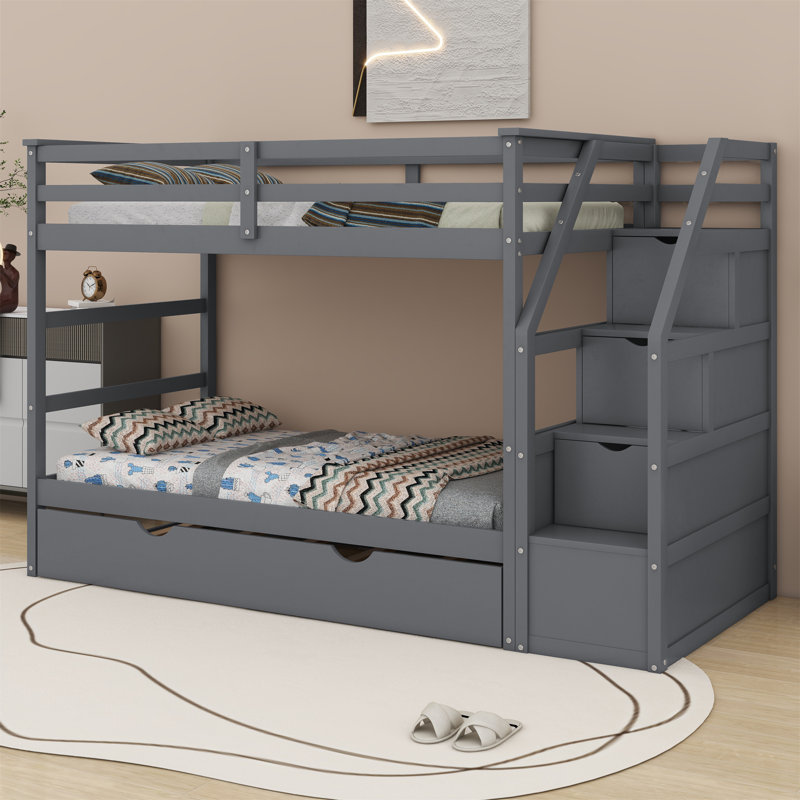 Bunk Bed with Trundle and Storage Stairs, Gray