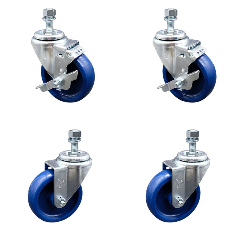 3.5 Inch_Solid Polyurethane Swivel 12mm Threaded Stem Caster Set 2 Brake SCC