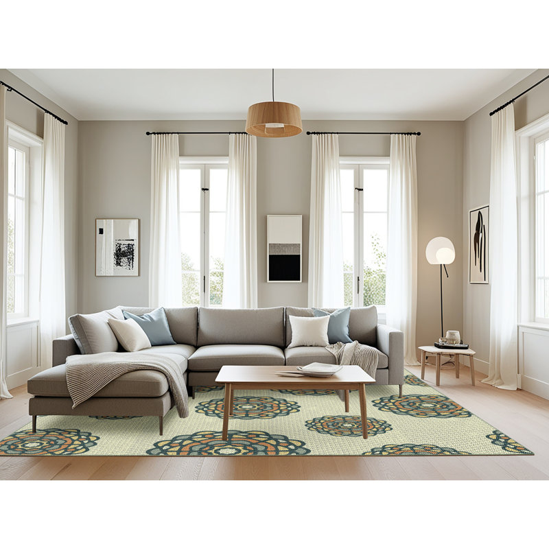 Tapis de mer vert/orange à motifs, Rectangle 8 pi x 12 pi