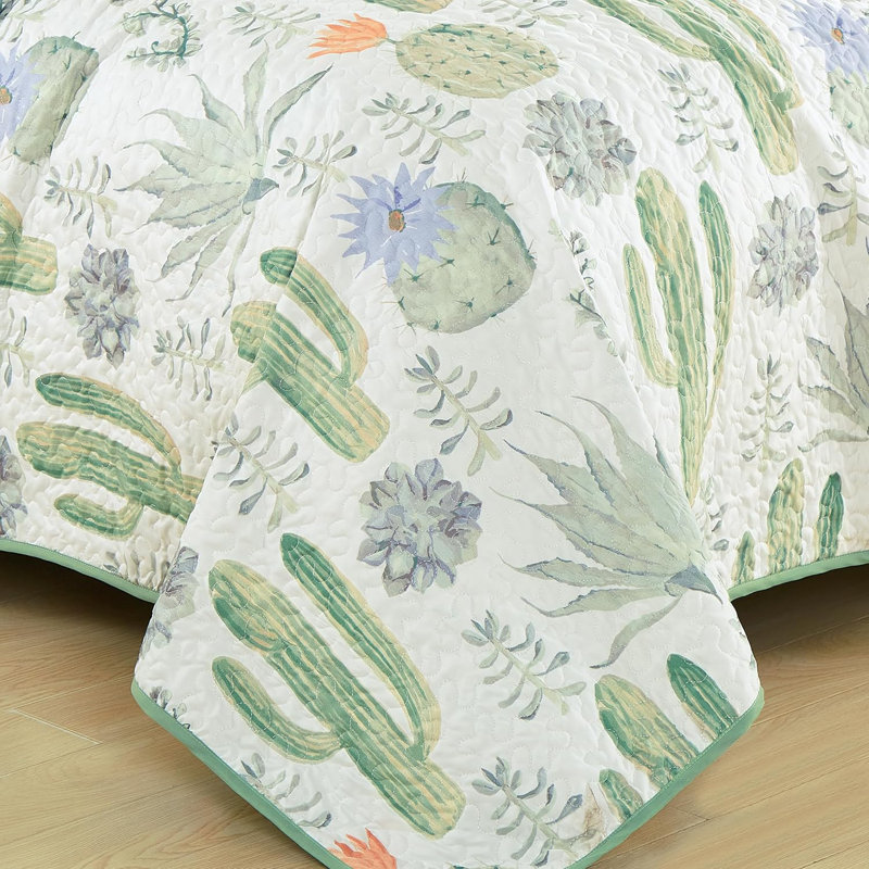Twin Green Cactus Succulent Microfiber Quilt Set